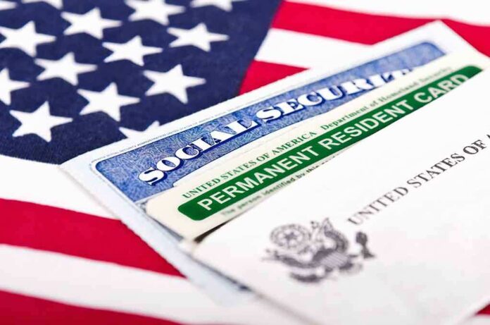 146169356 featured image Social Security card and green card on flag