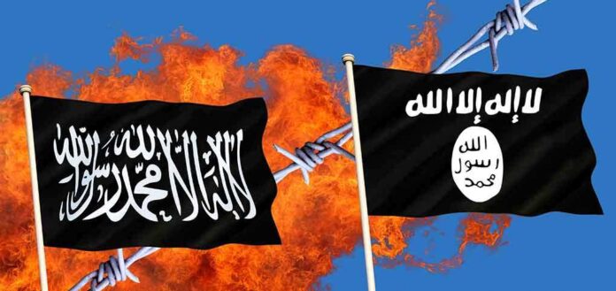 Two black flags with Arabic writing flames background