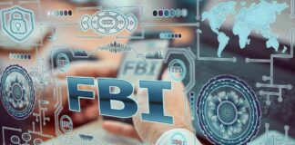 FBI text surrounded by digital security graphics and hands