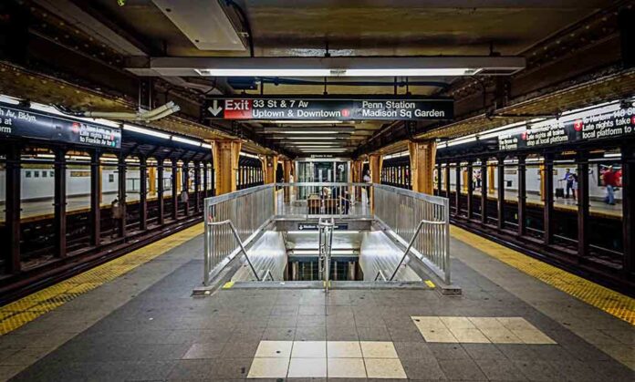Subway station platform with directional signs overhead