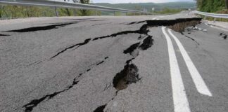 Road damaged by significant cracks and fissures