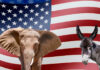 Elephant and donkey in front of American flag