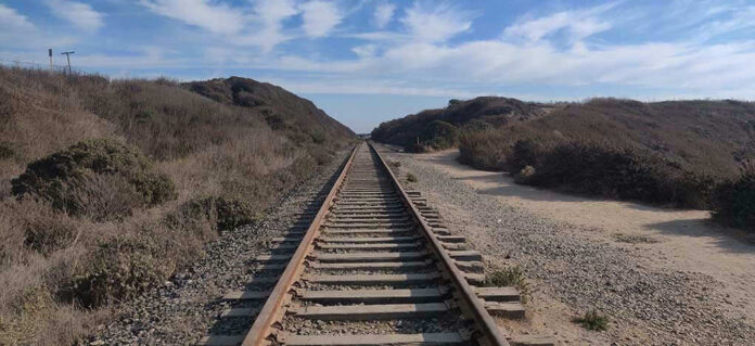 Railway tracks stretching into the distance, surrounded by vegetation.