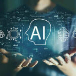 Person holding virtual icons related to artificial intelligence.