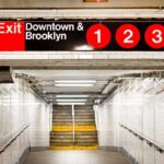 Subway exit sign indicating Downtown and Brooklyn with train numbers 1, 2, and 3