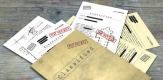 Classified documents with Top Secret stamps on wooden surface.