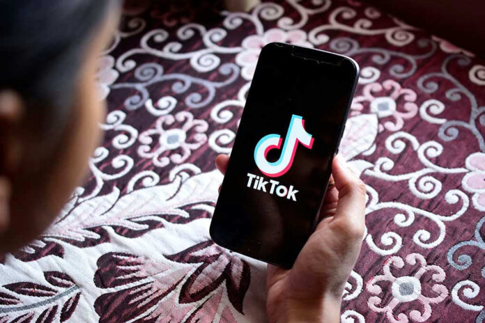 Hand holding phone showing TikTok logo.