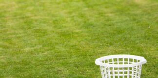 An empty white laundry basket placed on green grass