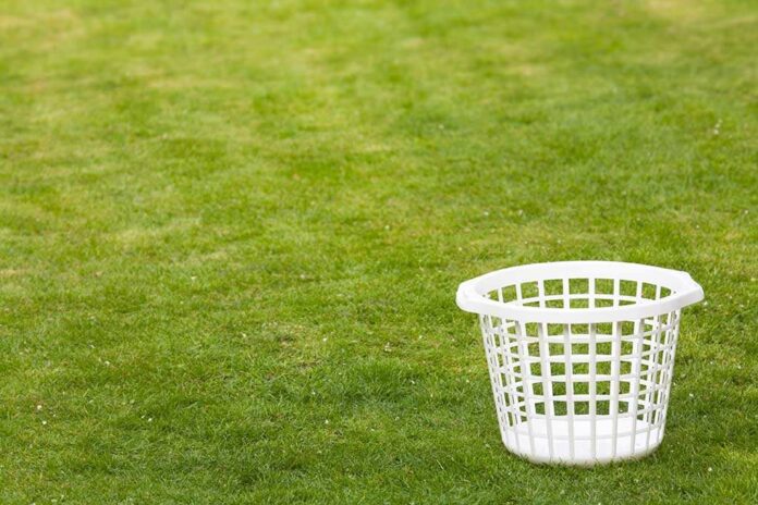 An empty white laundry basket placed on green grass