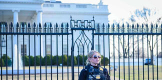 Secret Service agent stands guard outside the White House.