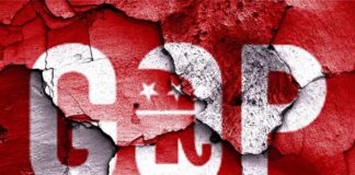 Cracked wall featuring the GOP logo in red and white