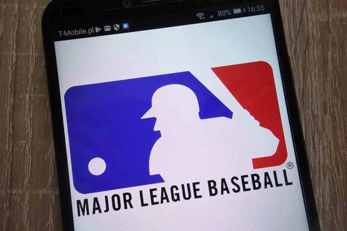 Major League Baseball logo on a smartphone screen.