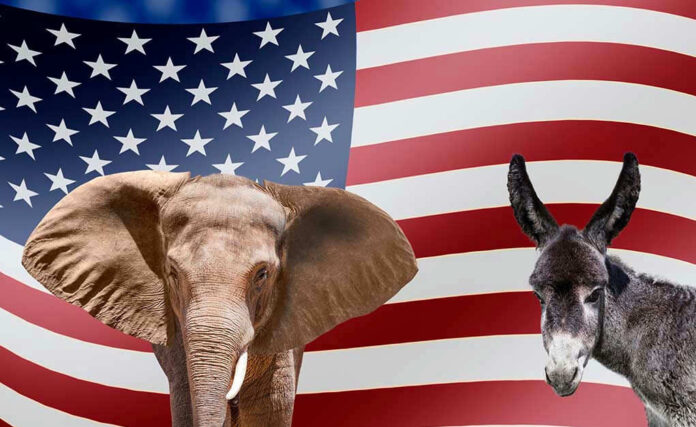 1787632067 Elephant and donkey in front of American flag.