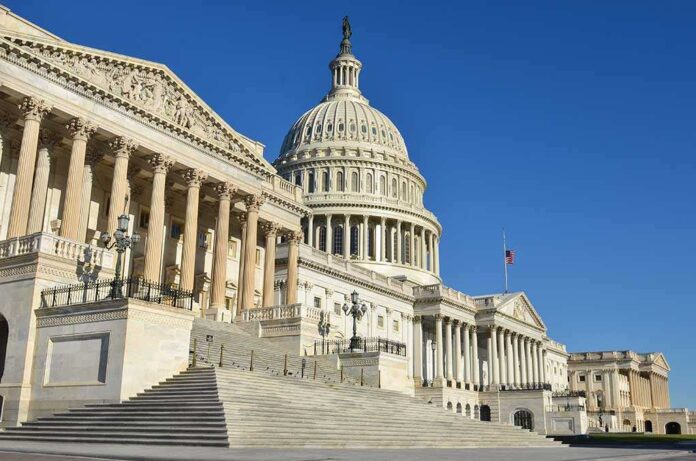 The U.S. Capitol building with a clear blue sky in the background