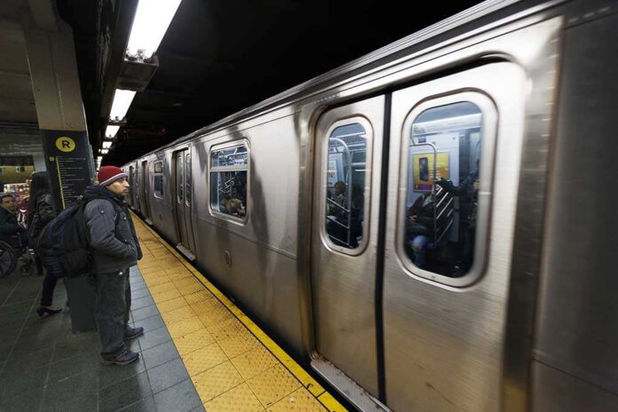 A commuter waiting at a subway station as a train approaches