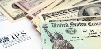 A tax refund check from the IRS alongside various denominations of cash