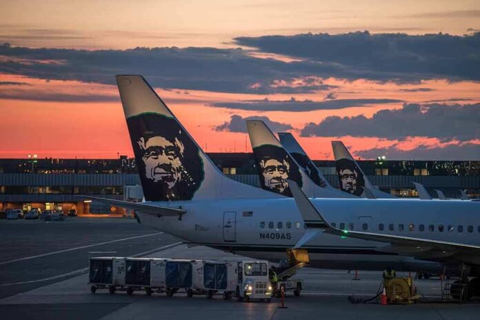 Aircraft tails with a sunset backdrop at an airport