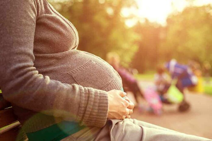 Pregnant woman sitting on a bench in a park during sunset