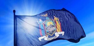 New York state flag waving against a blue sky
