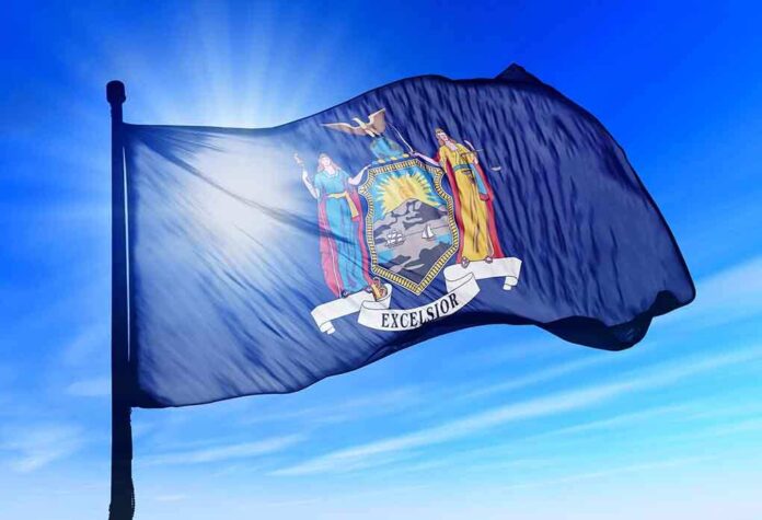 New York state flag waving against a blue sky