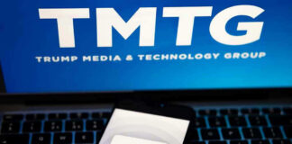TMTG and Truth Social logos on screen and phone.