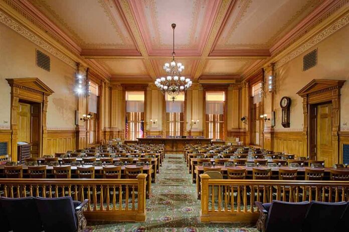 shutterstock_242807380 Interior view of a historic courtroom with wooden furnishings and chandeliers