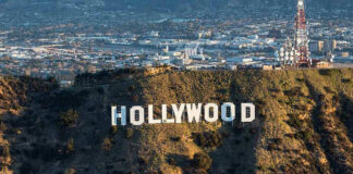 The Hollywood sign on a hillside.