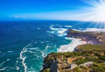 Kamala’s Malibu Mansion Sparks Hypocrisy Uproar Rocky coastal cliffs with turquoise ocean and bright sun