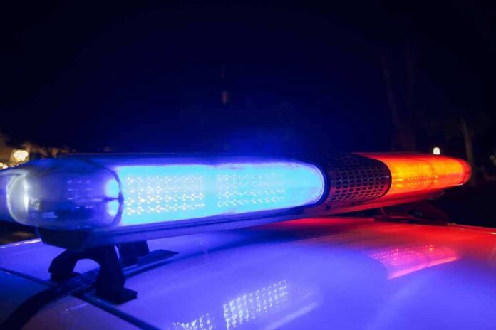 Police car light bar flashing blue and red at night