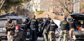 Police and sheriff officers gather around vehicles on a suburban street