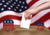 Hot Mic Bombshell Jolts Senate Race Hand casting ballot between Republican elephant and Democratic donkey
