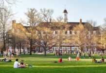 College Kids EXPELLED For Being Republican Students relaxing on a campus quad in front of a brick academic building
