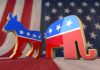 Democratic donkey and Republican elephant symbols on American flag backdrop