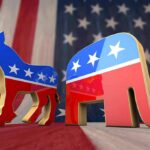 Democratic donkey and Republican elephant symbols on American flag backdrop