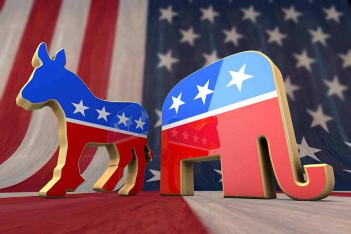 shutterstock_114868483 Democratic donkey and Republican elephant symbols on American flag backdrop