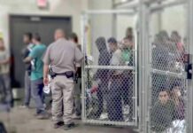 Senate Candidate Would Trade Five Americans for One Illegal Detention facility with people behind chain-link fence and officer nearby