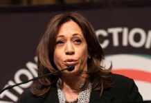 Kamala Blunder Sparks Drunk Wine Mom Reels woman speaking at a podium with microphone