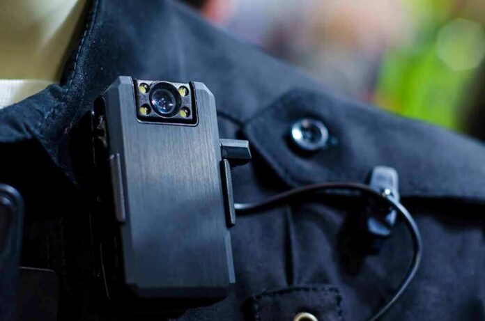 shutterstock_1538332328 Body camera clipped to a dark uniform
