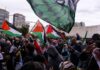 Dontrelle Inman and Christian Jones at a pro-Palestinian protest with flags waving