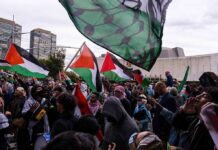 Dontrelle Inman and Christian Jones at a pro-Palestinian protest with flags waving