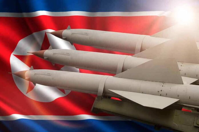 shutterstock_668734087 Missiles in front of North Korea flag