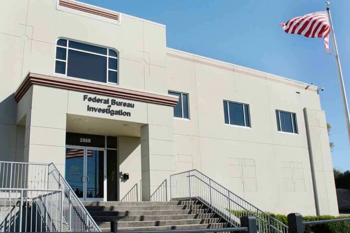 FBI office building with entrance steps and American flag