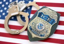 Man Said ICE Stole His Wife. Police Say He Murdered Her ICE officer badge and handcuffs on an American flag